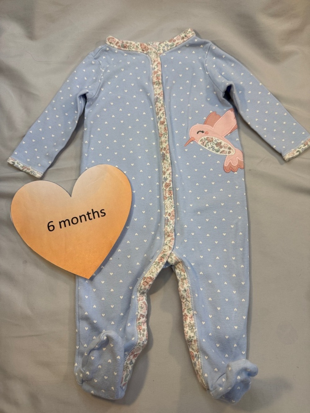 Carter's Light Blue Heart-Print One-Piece Footed Sleeper with Pink Bird Appliqué